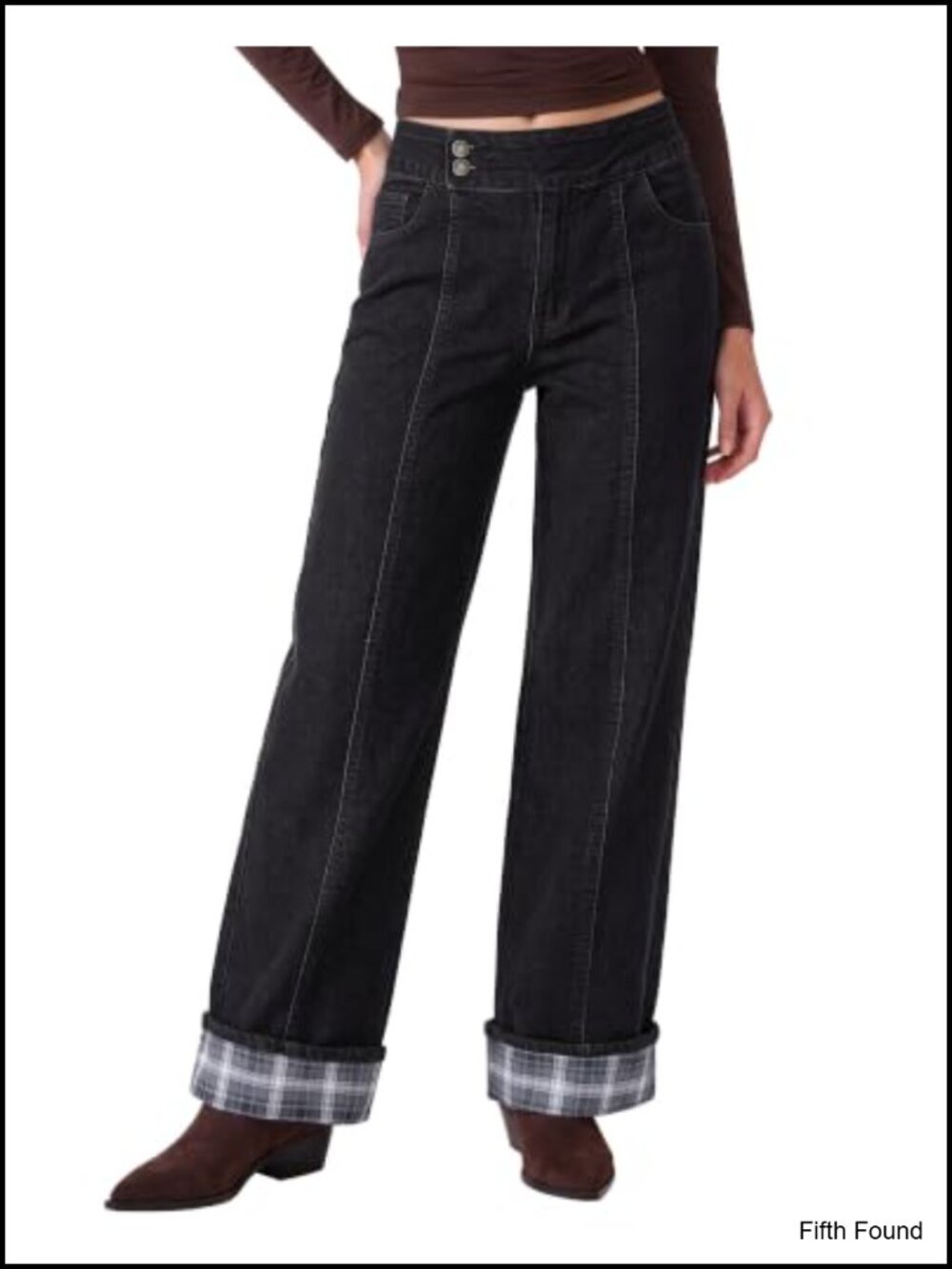 High Waisted Wide Leg Jeans Plaid Cuffed Hem Stretch Denim Pants